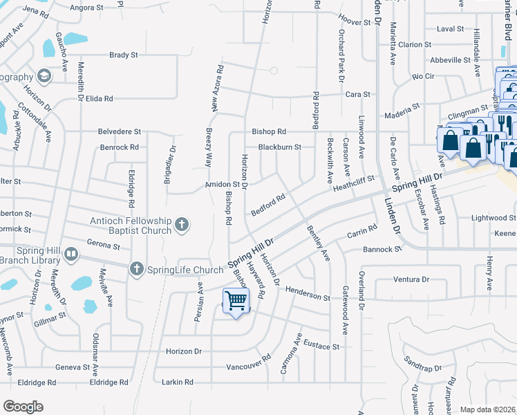 map of restaurants, bars, coffee shops, grocery stores, and more near 10066 Bedford Road in Spring Hill