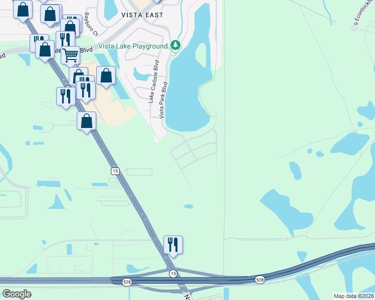 map of restaurants, bars, coffee shops, grocery stores, and more near 7296 Vista Park Boulevard in Orlando