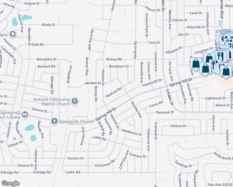 map of restaurants, bars, coffee shops, grocery stores, and more near 10132 Heathcliff Street in Spring Hill