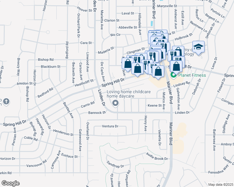 map of restaurants, bars, coffee shops, grocery stores, and more near 1452 Escobar Avenue in Spring Hill