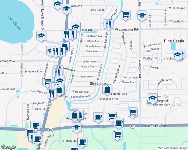 map of restaurants, bars, coffee shops, grocery stores, and more near 7406 Brockbank Drive in Orlando