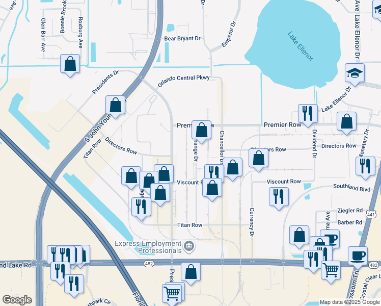 map of restaurants, bars, coffee shops, grocery stores, and more near 7453 Presidents Drive in Orlando