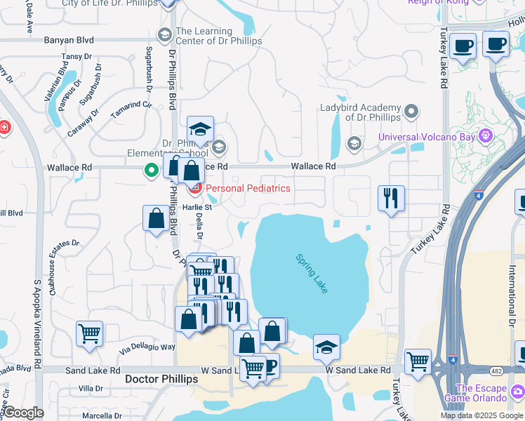 map of restaurants, bars, coffee shops, grocery stores, and more near 7671 Mabel Louise Lane in Orlando