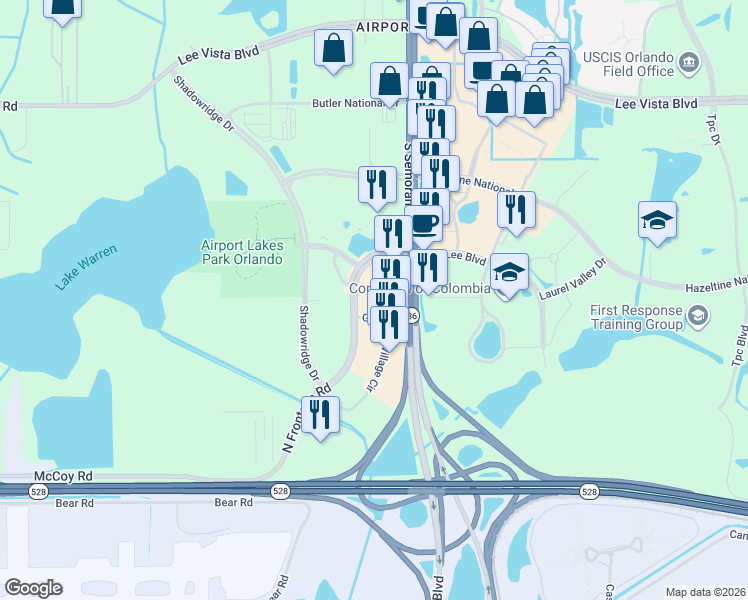 map of restaurants, bars, coffee shops, grocery stores, and more near 5425 Gateway Village Circle in Orlando