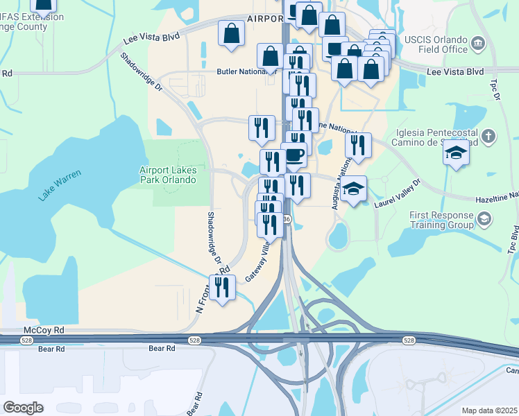 map of restaurants, bars, coffee shops, grocery stores, and more near 5425 Gateway Village Circle in Orlando