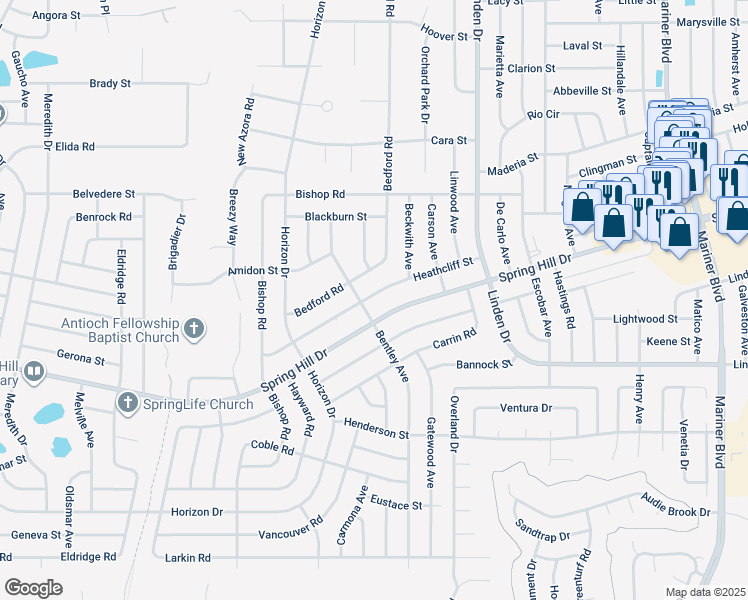 map of restaurants, bars, coffee shops, grocery stores, and more near 10188 Heathcliff Street in Spring Hill