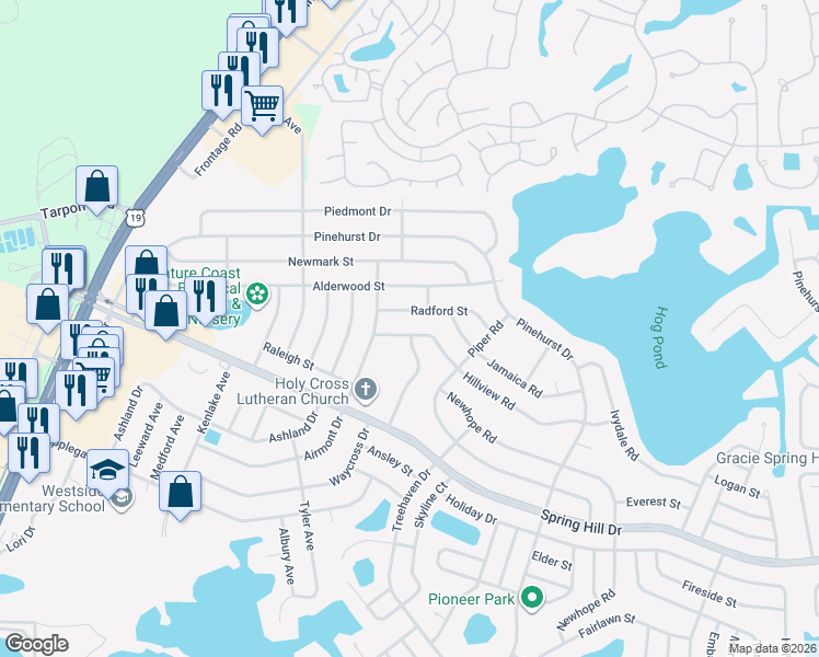 map of restaurants, bars, coffee shops, grocery stores, and more near 6241 Hillview Road in Spring Hill