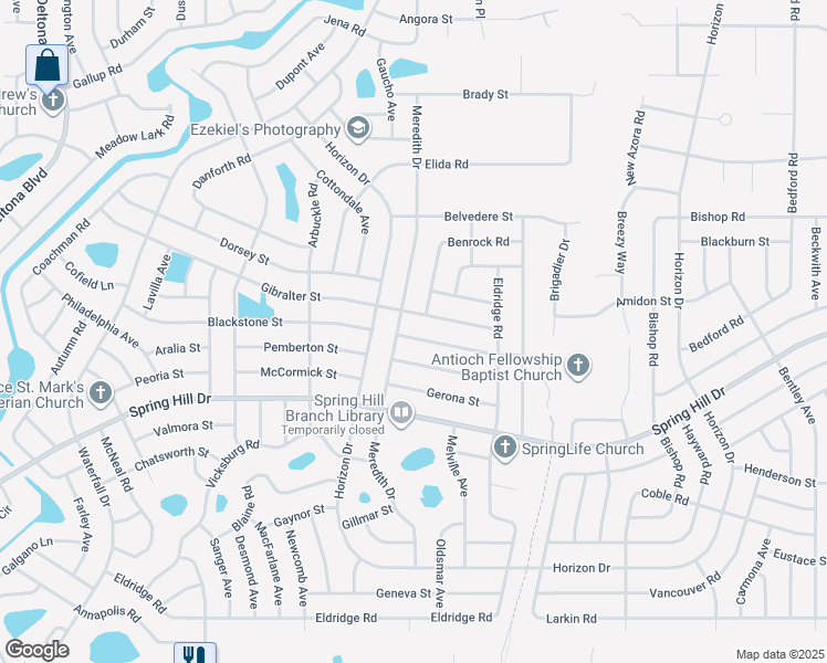map of restaurants, bars, coffee shops, grocery stores, and more near 9211 Bladon Street in Spring Hill
