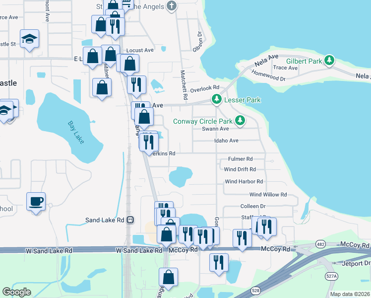map of restaurants, bars, coffee shops, grocery stores, and more near 1330 Perkins Road in Orlando