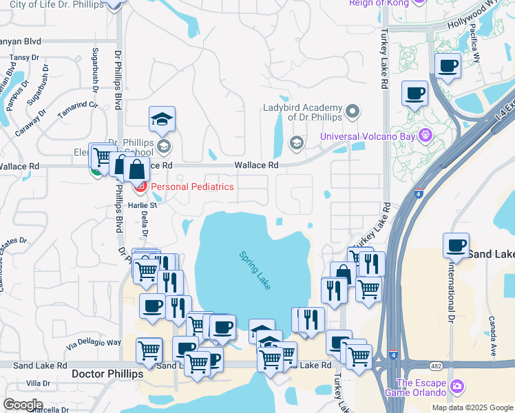 map of restaurants, bars, coffee shops, grocery stores, and more near 7422 Cypress Grove Road in Orlando