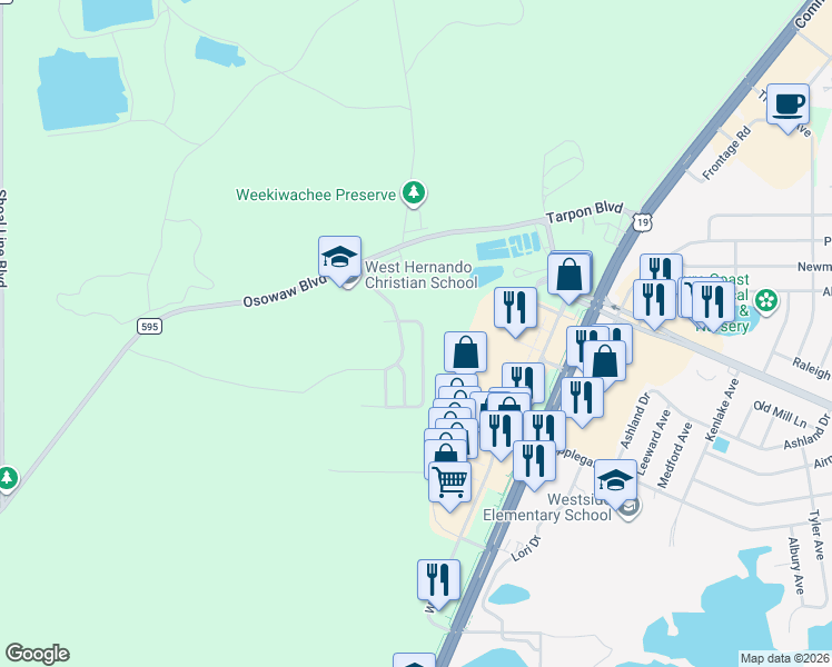 map of restaurants, bars, coffee shops, grocery stores, and more near 5083 Buccaneer Boulevard in Spring Hill