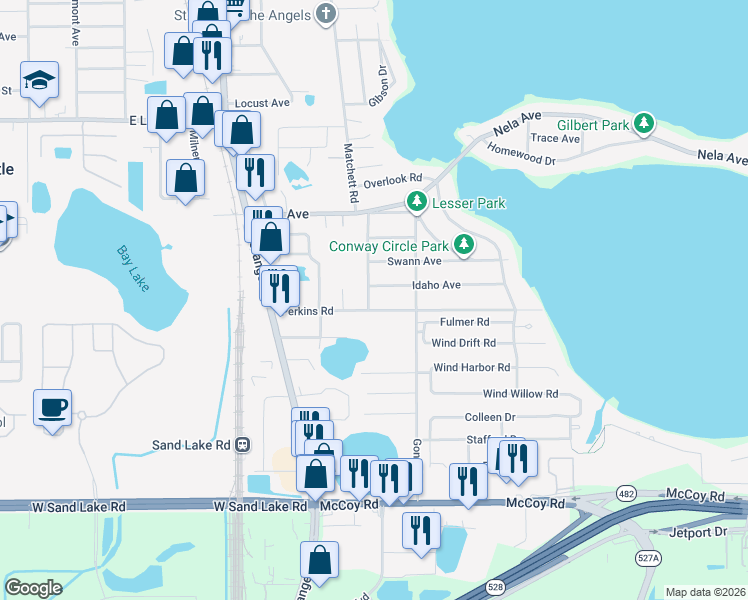 map of restaurants, bars, coffee shops, grocery stores, and more near 1330 Perkins Road in Orlando