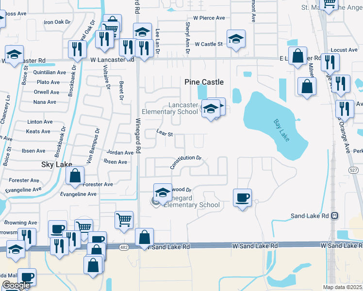 map of restaurants, bars, coffee shops, grocery stores, and more near 555 Thomas Jefferson Way in Orlando
