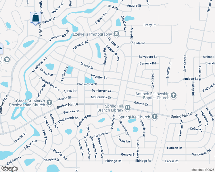 map of restaurants, bars, coffee shops, grocery stores, and more near 9106 Blackstone Street in Spring Hill