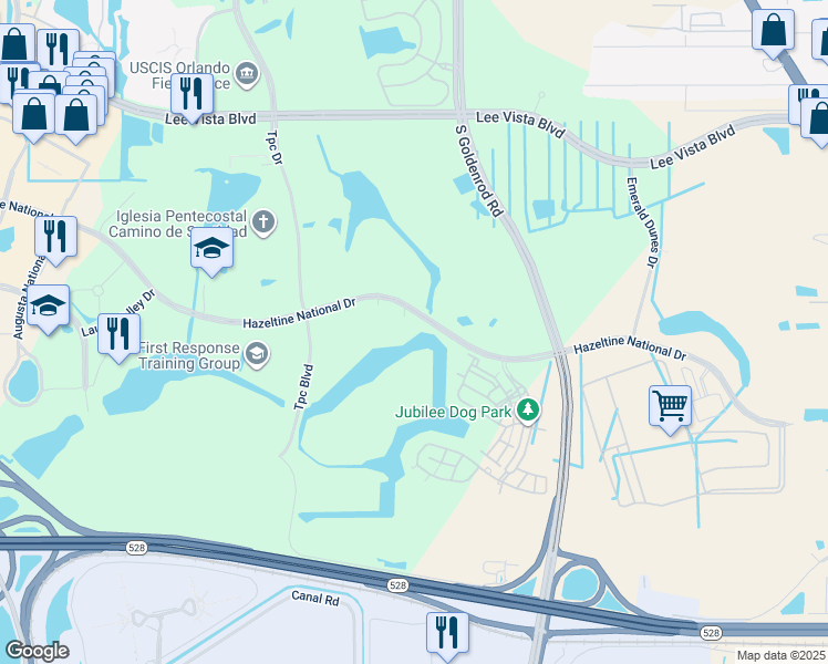 map of restaurants, bars, coffee shops, grocery stores, and more near 6550 Hazeltine National Drive in Orlando