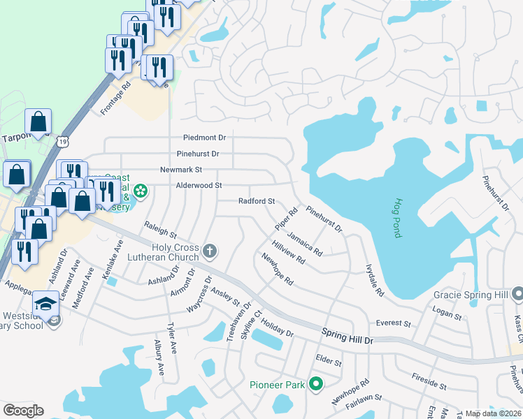 map of restaurants, bars, coffee shops, grocery stores, and more near 6260 Hillview Road in Spring Hill