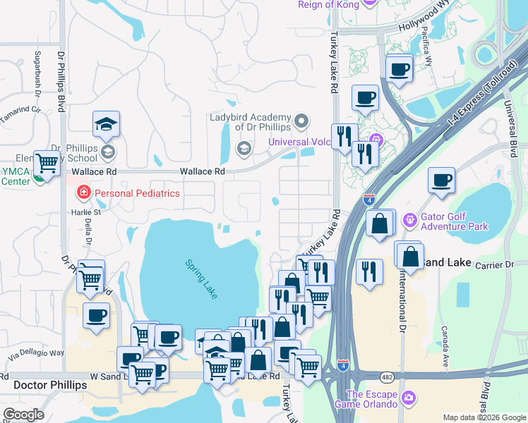 map of restaurants, bars, coffee shops, grocery stores, and more near 7345 Spring Villas Circle in Orlando