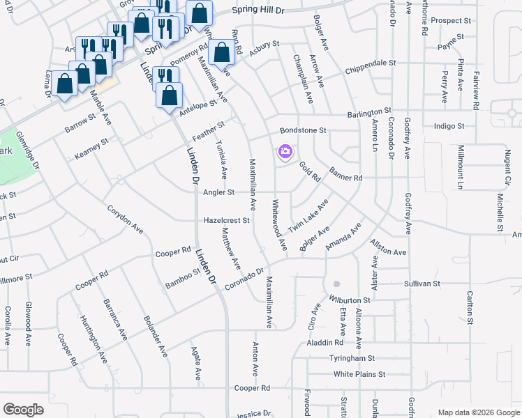 map of restaurants, bars, coffee shops, grocery stores, and more near 1472 Maximilian Avenue in Spring Hill