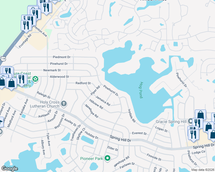 map of restaurants, bars, coffee shops, grocery stores, and more near 6393 Pinehurst Drive in Spring Hill