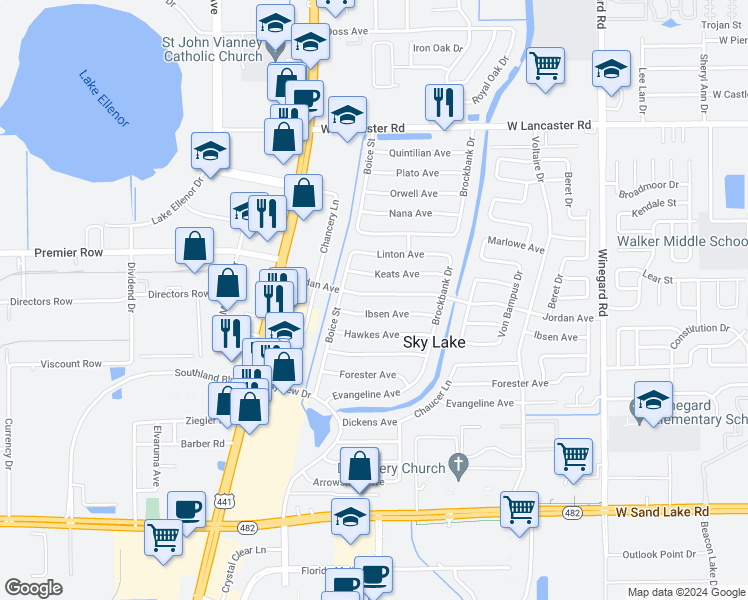 map of restaurants, bars, coffee shops, grocery stores, and more near 1212 Jordan Avenue in Orlando