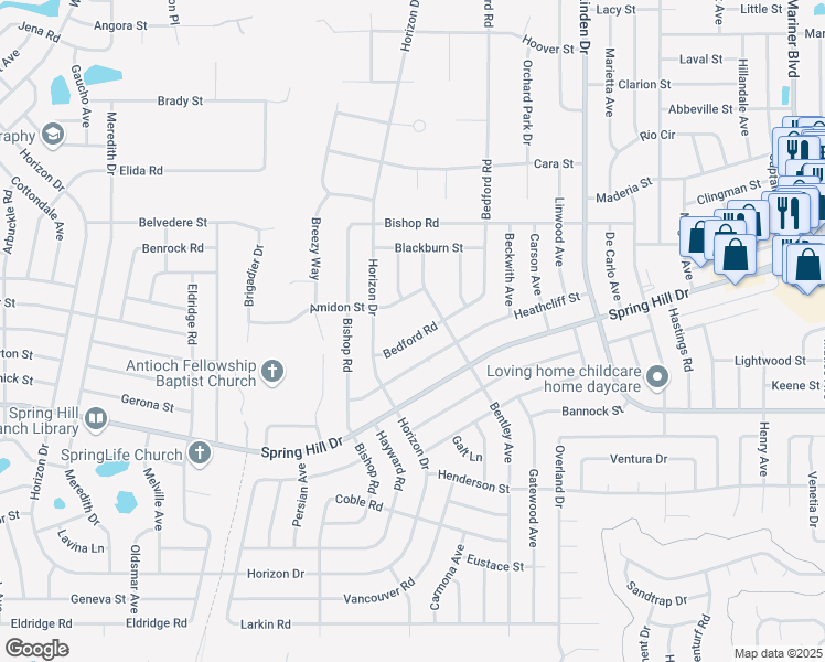 map of restaurants, bars, coffee shops, grocery stores, and more near 10093 Bedford Road in Spring Hill