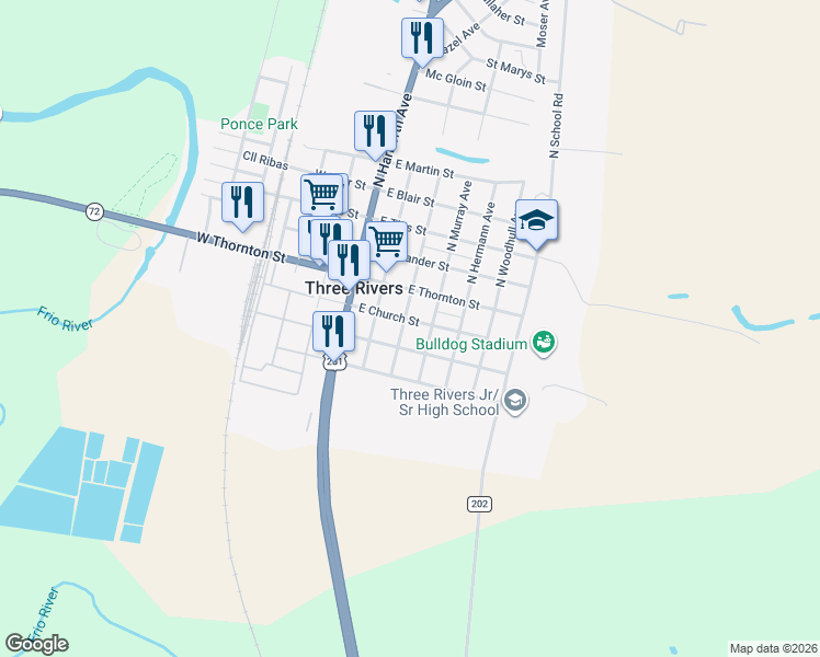 map of restaurants, bars, coffee shops, grocery stores, and more near 205 East Church Street in Three Rivers