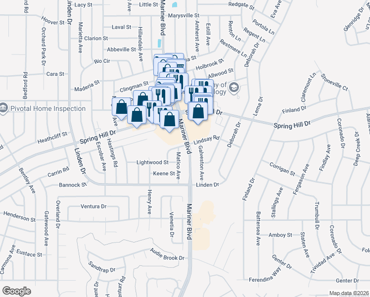 map of restaurants, bars, coffee shops, grocery stores, and more near 11148 Lindsay Road in Spring Hill