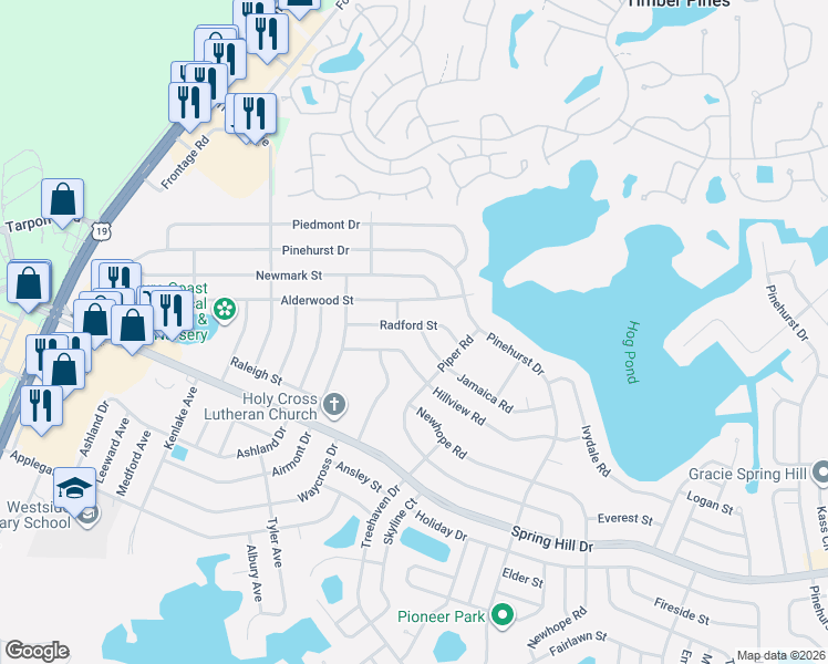 map of restaurants, bars, coffee shops, grocery stores, and more near 6271 Radford Street in Spring Hill