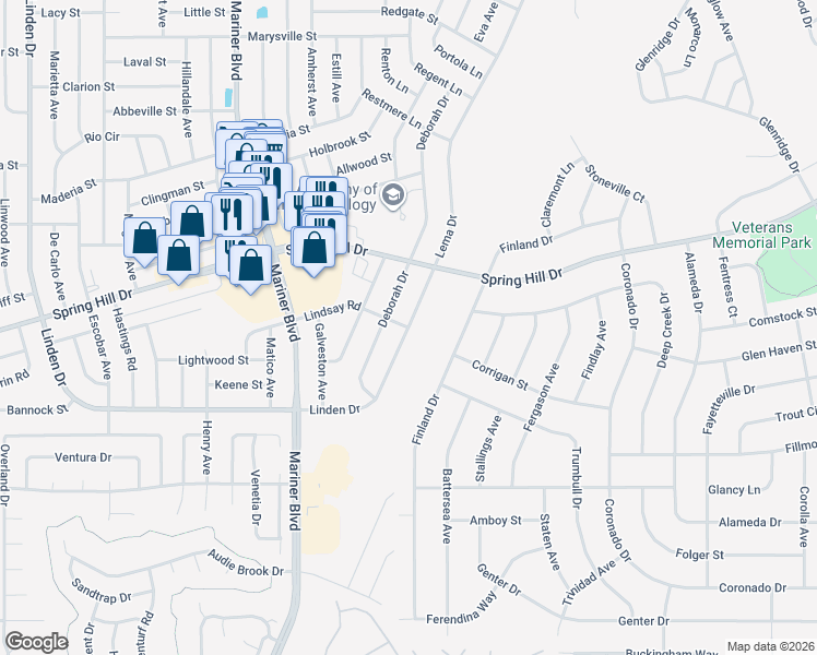 map of restaurants, bars, coffee shops, grocery stores, and more near 11076 Linden Drive in Spring Hill