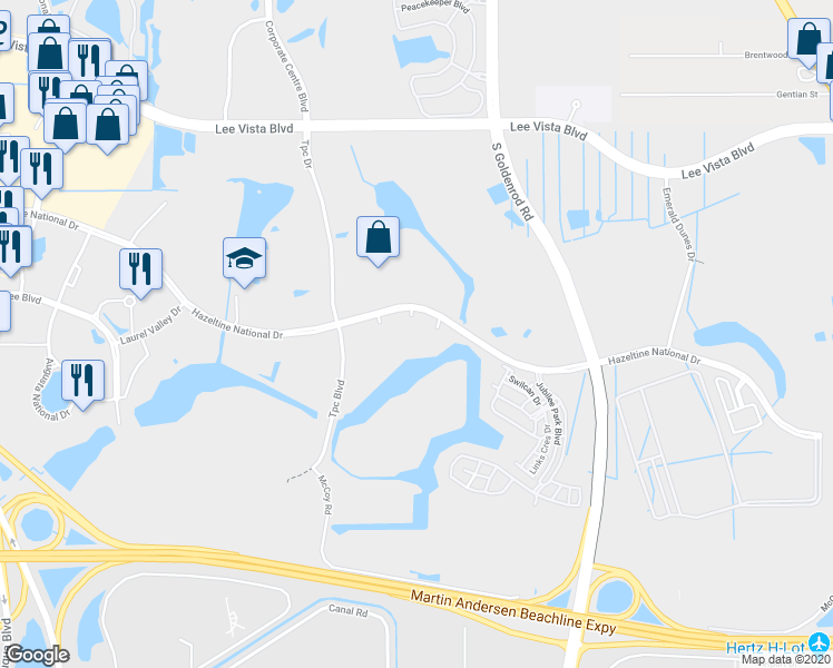 map of restaurants, bars, coffee shops, grocery stores, and more near 6550 Hazeltine National Drive in Orlando