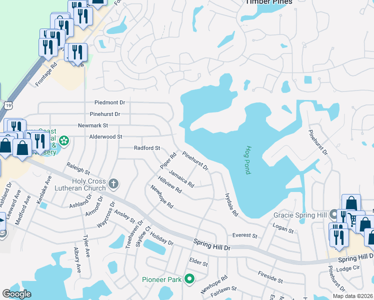 map of restaurants, bars, coffee shops, grocery stores, and more near 6387 Pinehurst Drive in Spring Hill
