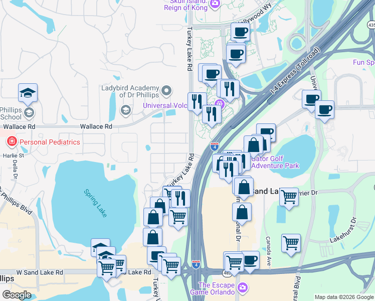 map of restaurants, bars, coffee shops, grocery stores, and more near 6826 Dolce Way in Orlando