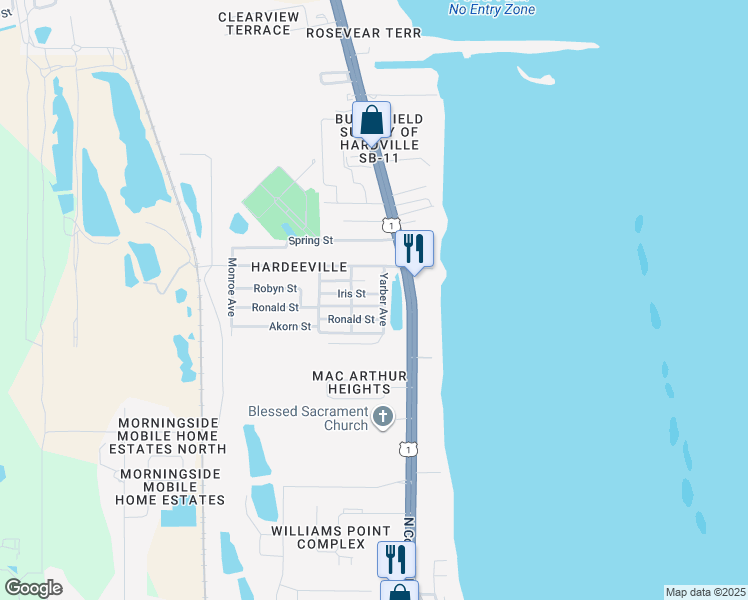 map of restaurants, bars, coffee shops, grocery stores, and more near 306 Iris Street in Cocoa