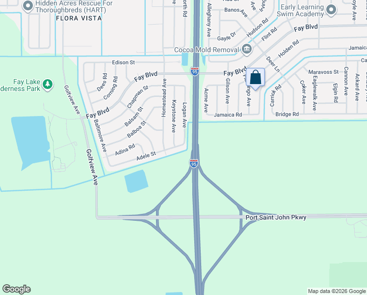map of restaurants, bars, coffee shops, grocery stores, and more near 5920 Adele Street in Cocoa