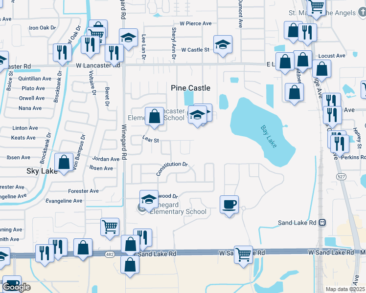 map of restaurants, bars, coffee shops, grocery stores, and more near 6722 Ovid Avenue in Orlando