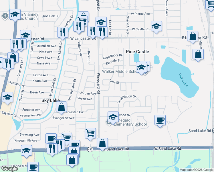 map of restaurants, bars, coffee shops, grocery stores, and more near 6717 Millay Drive in Orlando