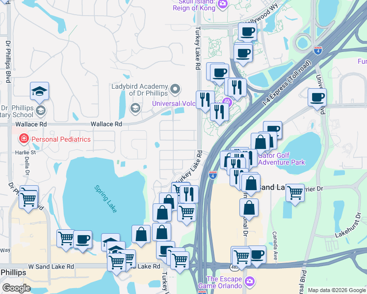 map of restaurants, bars, coffee shops, grocery stores, and more near 6898 Dolce Way in Orlando