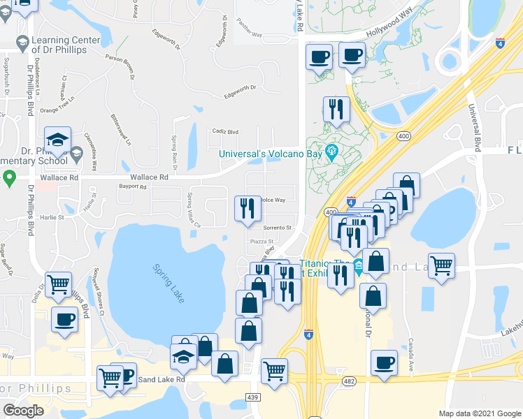 map of restaurants, bars, coffee shops, grocery stores, and more near 6898 Dolce Way in Orlando
