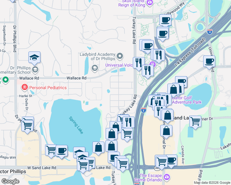 map of restaurants, bars, coffee shops, grocery stores, and more near 6898 Dolce Way in Orlando