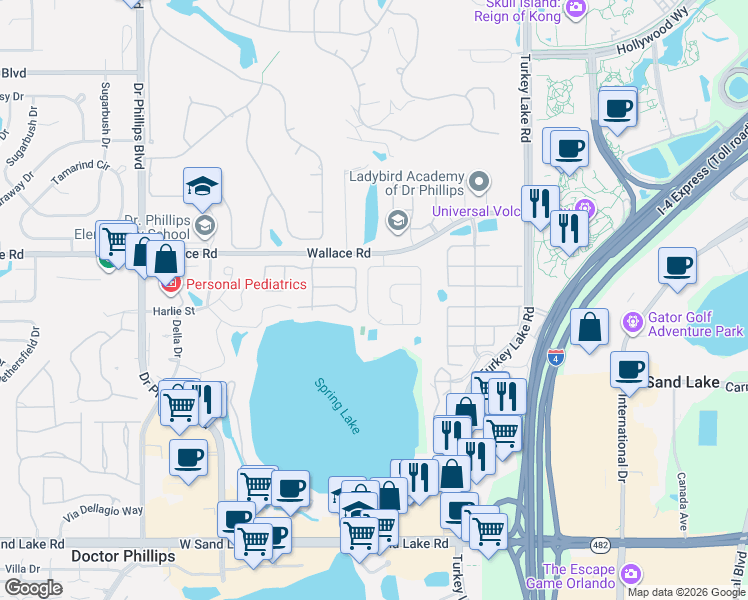 map of restaurants, bars, coffee shops, grocery stores, and more near 7424 Spring Villas Circle in Orlando
