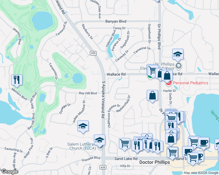 map of restaurants, bars, coffee shops, grocery stores, and more near 8427 Foxworth Circle in Orlando