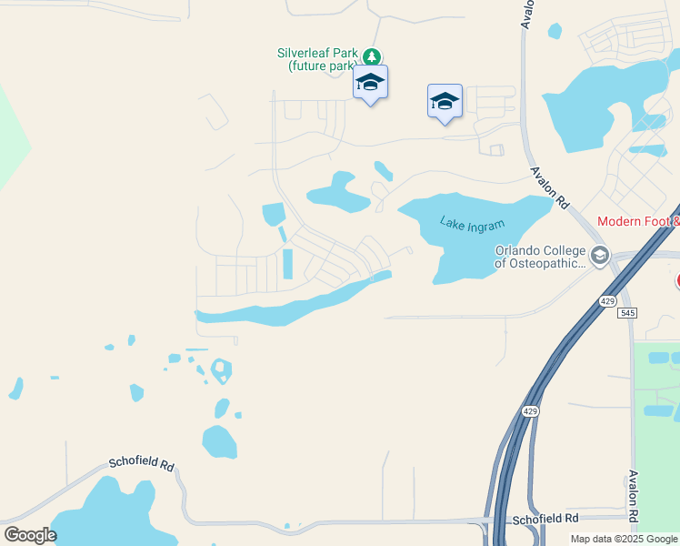 map of restaurants, bars, coffee shops, grocery stores, and more near 17432 Lake Ingram Road in Winter Garden