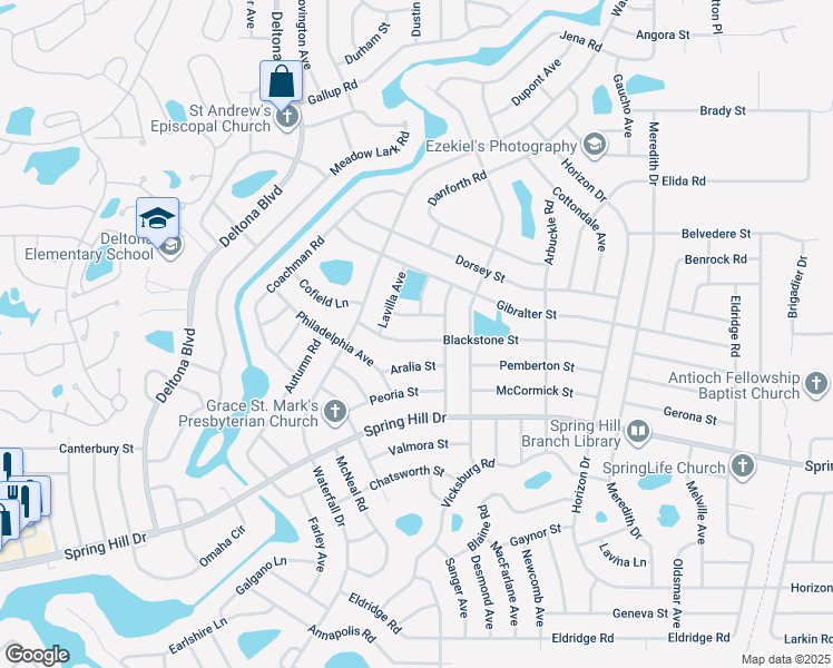 map of restaurants, bars, coffee shops, grocery stores, and more near 8431 Blackstone Street in Spring Hill