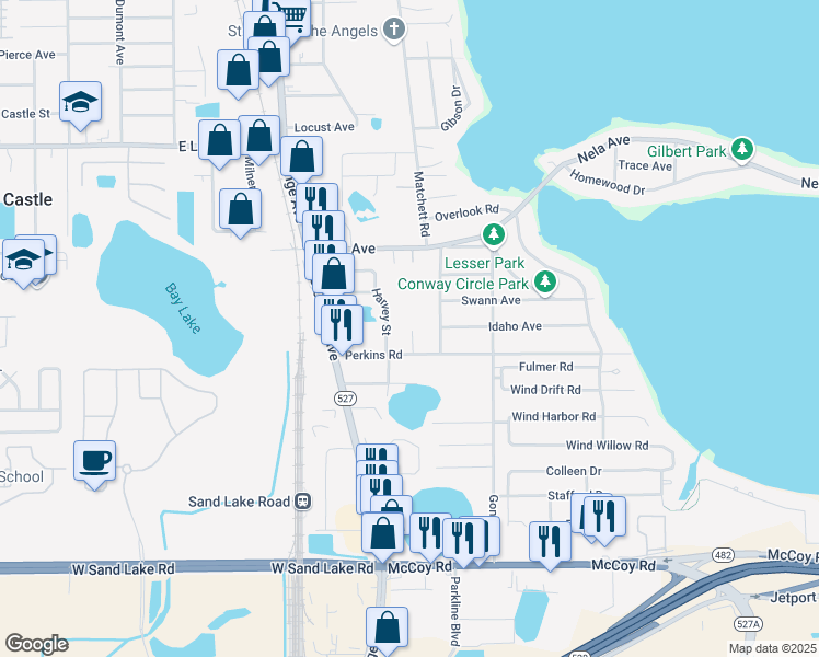 map of restaurants, bars, coffee shops, grocery stores, and more near 6631 Harvey Street in Orlando