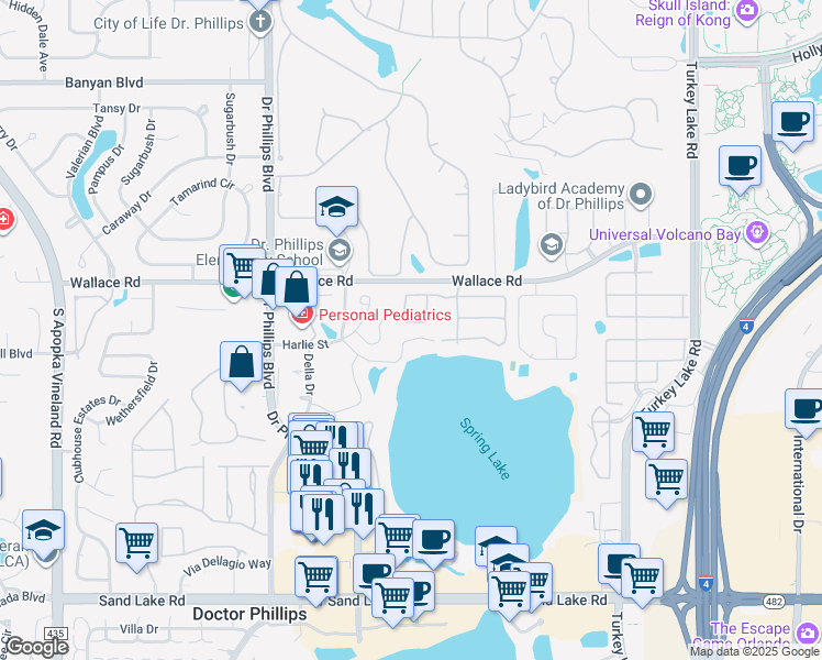 map of restaurants, bars, coffee shops, grocery stores, and more near 7548 Bayport Road in Orlando