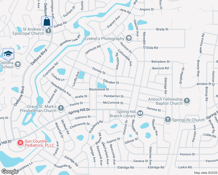 map of restaurants, bars, coffee shops, grocery stores, and more near 9054 Gibralter Street in Spring Hill