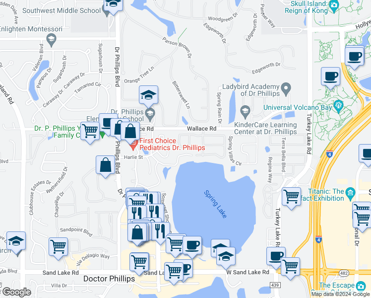 map of restaurants, bars, coffee shops, grocery stores, and more near 7548 Bayport Road in Orlando