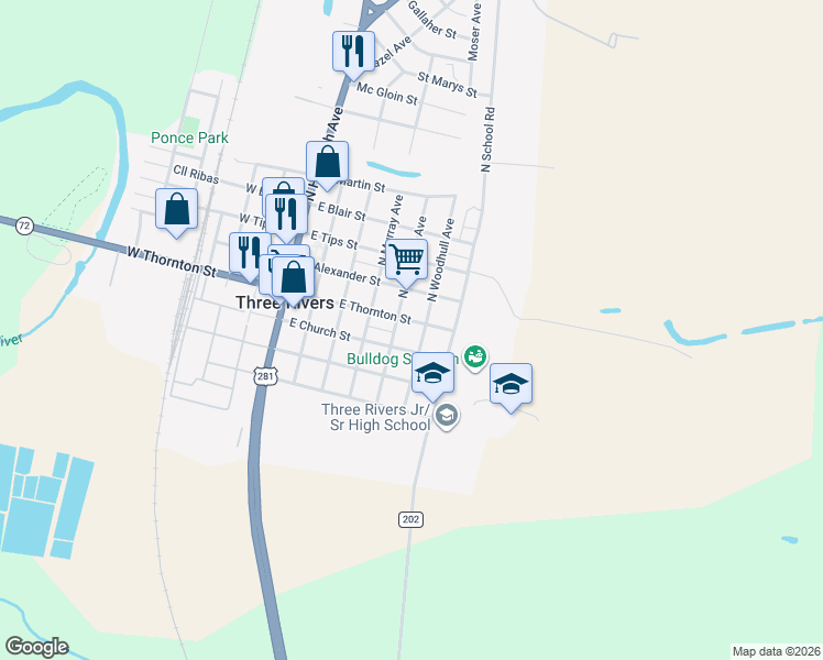 map of restaurants, bars, coffee shops, grocery stores, and more near 103 South Hermann Avenue in Three Rivers