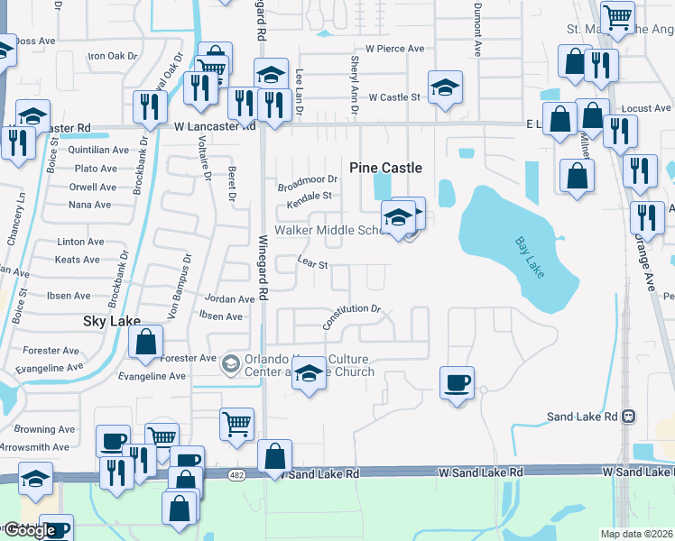 map of restaurants, bars, coffee shops, grocery stores, and more near 6713 Lodge Avenue in Orlando