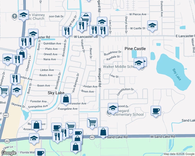 map of restaurants, bars, coffee shops, grocery stores, and more near 6720 Junius Avenue in Orlando